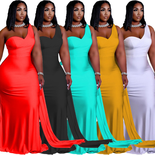Women's solid color irregular one-shoulder big swing dress PQ8647