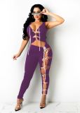 Sexy Women's Solid Color Sleeveless Tie Personalized Jumpsuit Nightclub CQ129