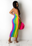 Fashion sexy deep V stripe gradient print sling bag hip skirt N9289
