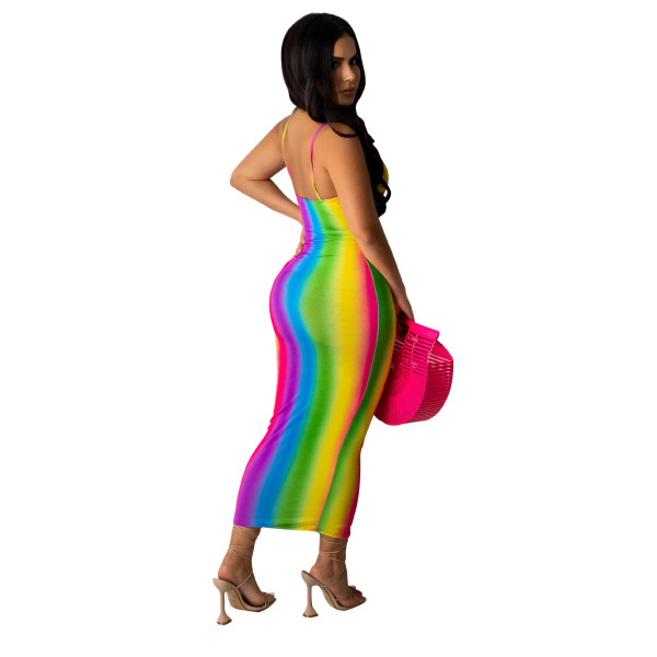 Fashion sexy deep V stripe gradient print sling bag hip skirt N9289