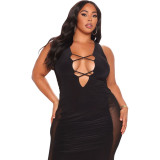 Sexy plus size women's solid color hollow mesh stitching dress CQ127