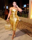 One-shoulder color gold sexy tight dress C3050