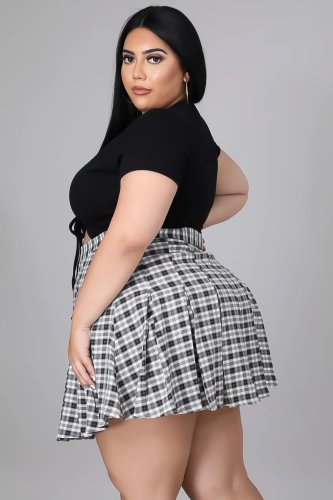 Plus size women's fashion drawstring T-shirt plaid pleated skirt two-piece suit XY9110