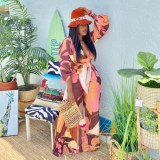 Fashion printed strappy lantern sleeve loose casual two-piece suit A5080