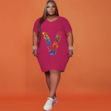 2021 plus size women's printed V fashion two-color dress HB4027