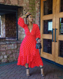 Plus Size Women's Fall Long V-neck Polka Dot Dress Ruffle Skirt HY8024