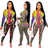 Women's fashion printed zipper jumpsuit SD2974