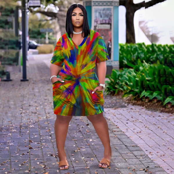 Women's fat lady plus size fashion rainbow tie-dye printed pocket loose jumpsuit group QX1221