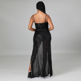 Sexy fashion sequin sling V-shaped irregular high slit dress long skirt CY9197