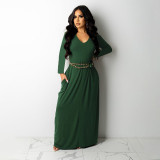 Sexy solid color high quality V-neck long sleeve dress HN054