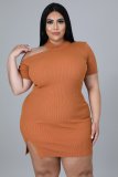 Fat lady plus size women's clothing knitted pit strip side opening off-shoulder dress three-color QJ5293