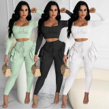 Nightclub clothes two-piece long-sleeved long-sleeved trousers with solid color wood ears ZH8560