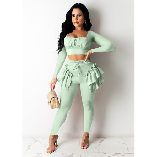 Nightclub clothes two-piece long-sleeved long-sleeved trousers with solid color wood ears ZH8560