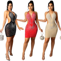 New product nightclub sexy hot drilling mesh see-through solid color sling V-neck women's dress female X5251