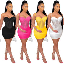 Sexy Sling Wrapped Breast Mesh Hot Rhinestone Solid Color One-piece Dress X5132