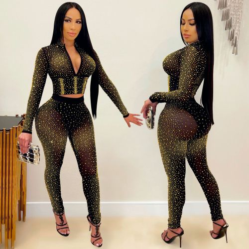 New product nightclub hot diamond V-neck long-sleeved trousers women's two-piece suit X5206
