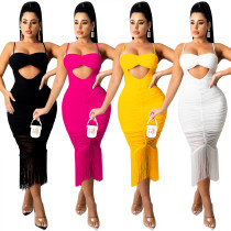 Pure color fashion women's sexy sling strap wrapped chest hollow flow beard mid-skirt dress X5225