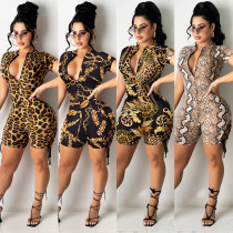 Sexy V-neck short-sleeved women's leopard print lace-up cutout jumpsuit X5102
