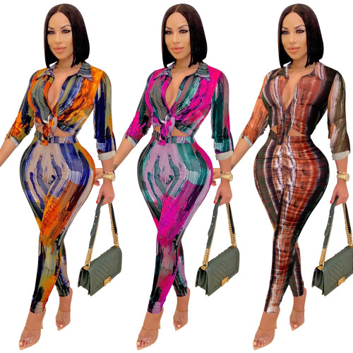 New product fashion digital printing V-neck long-sleeved trousers two-piece women X5281