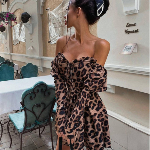 Women's Fall 2021 INS Leopard Print Elegant Sexy Color V-neck Skirt Slim One-piece YJ21076