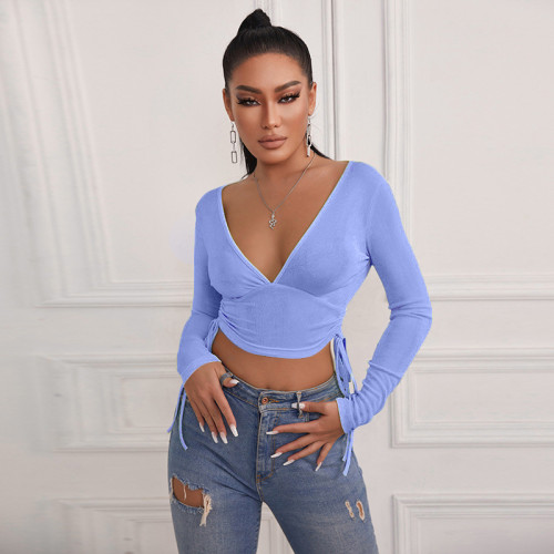 Women's 2021 autumn and winter new INS sexy ultra short cross-over halter long-sleeved top JY21459