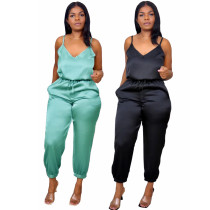 Women's V-neck suspender drawstring trousers sexy solid color jumpsuit L0359