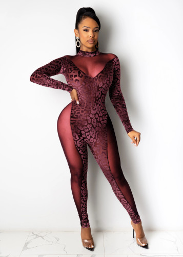 Slim-fit mesh stitching see-through leopard gradient long-sleeved women's clothing H0050