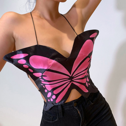 2021 new women's ins sexy halter butterfly print suspender nightclub style top HY21321