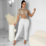 Autumn and winter sexy one-shoulder color diamond perspective hot diamond jumpsuit Q21Y966