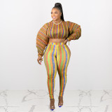 Plus size women's clothing autumn print lantern sleeve drawstring leisure two-piece suit plus size women's clothing Q21S962