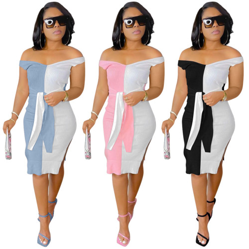 Women's fashion small pit stripe color matching dress with personalized straps, deep V, can leak shoulders YM209