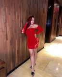 Women's Fashion Sexy Solid Color Long Sleeve Burnt Flower Wrapped Dress OM1088
