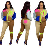 New women's clothing multi-pocket contrast color stitching casual sports sweater suit LS6407