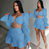 Ladies Fashion Lantern Sleeve Pleated Skirt Two Piece Set ALS267