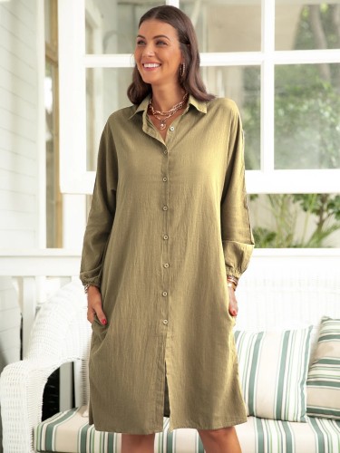 Autumn long solid color shirt loose casual long-sleeved dress TH556
