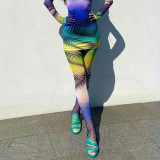 2021 autumn women's new sexy mesh see-through digital printing high-waist tight-fitting casual pants K21P05544