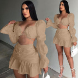 Ladies Fashion Lantern Sleeve Pleated Skirt Two Piece Set ALS267