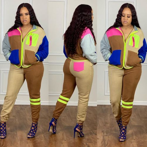New women's clothing multi-pocket contrast color stitching casual sports sweater suit LS6407