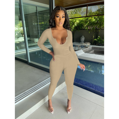 Women's sexy deep V long-sleeved trousers suit solid color sanded stretch two-piece suit W8238-1