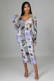 Sexy zipper print one-piece dress nightclub outfit VS10030