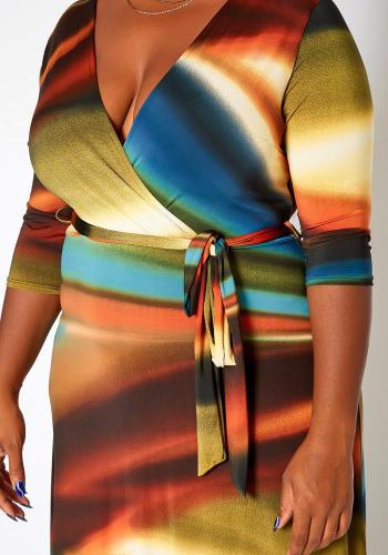 Printed autumn and winter V-neck fashion plus size women's dress Y81340 