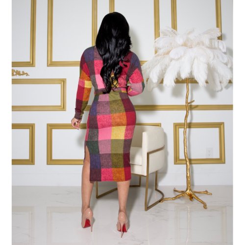 Women's fashion positioning contrast color printing side slit slim dress with belt LS6409