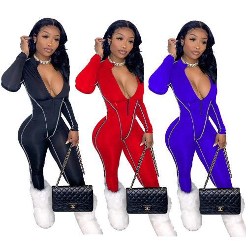 2021 autumn and winter new fashion women's solid color black red blue long-sleeved one-piece pants trend HS1011