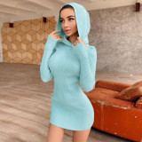 2021 Fall New Women's Fashion Round Neck Long Sleeve Hooded Slim Fit Pack Butt Solid Color Dress K21D06413
