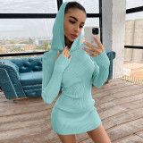 2021 Fall New Women's Fashion Round Neck Long Sleeve Hooded Slim Fit Pack Butt Solid Color Dress K21D06413