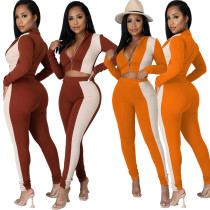 New product color matching casual fashion suit zipper tight-fitting two-piece suit Y81343