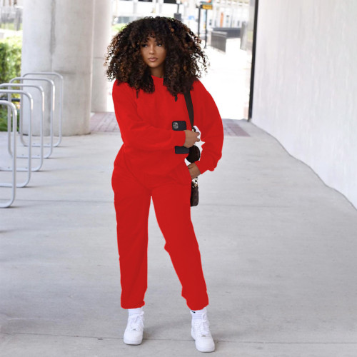 Women's fashion casual solid color round neck pocket loose long sleeve trousers sports two-piece suit SM9206