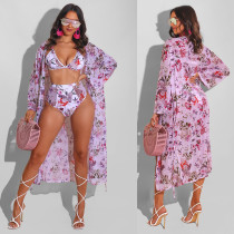 Sense Printed Bikini Swimsuit Beach Cloak Jacket Women's Three-piece Set F290