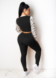 Women's Fashion Leopard Print Navel Color Matching Suit Long Sleeve New Two-piece Set FX232