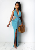 Sexy solid color halterneck dress with deep V slit and waistless nightclub skirt F190